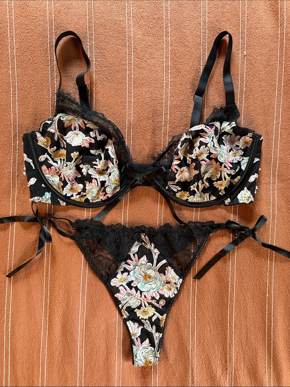 Victoria's Secret Black Floral Embroidered Lace Bra & Tie-Side Thong